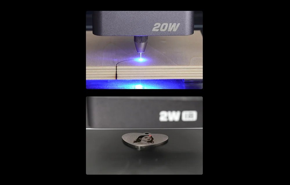 Záber zblízka na hlavy 20 W a 2 W počas rezania a presného gravírovania.