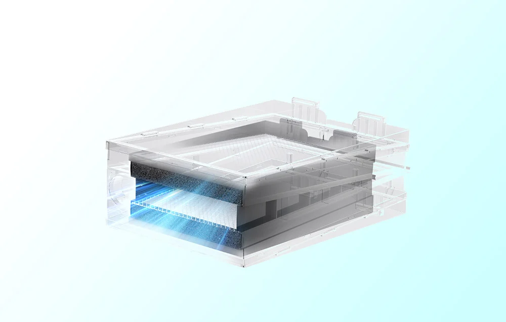 Transparentný pohľad na vnútornú štruktúru absorbéra dymu s označenými filtrami a prietokom vzduchu.